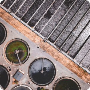 Aerial view of circular wastewater treatment tanks