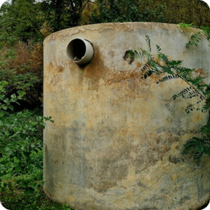 Weathered concrete tank with an inlet pipe, surrounded by plants